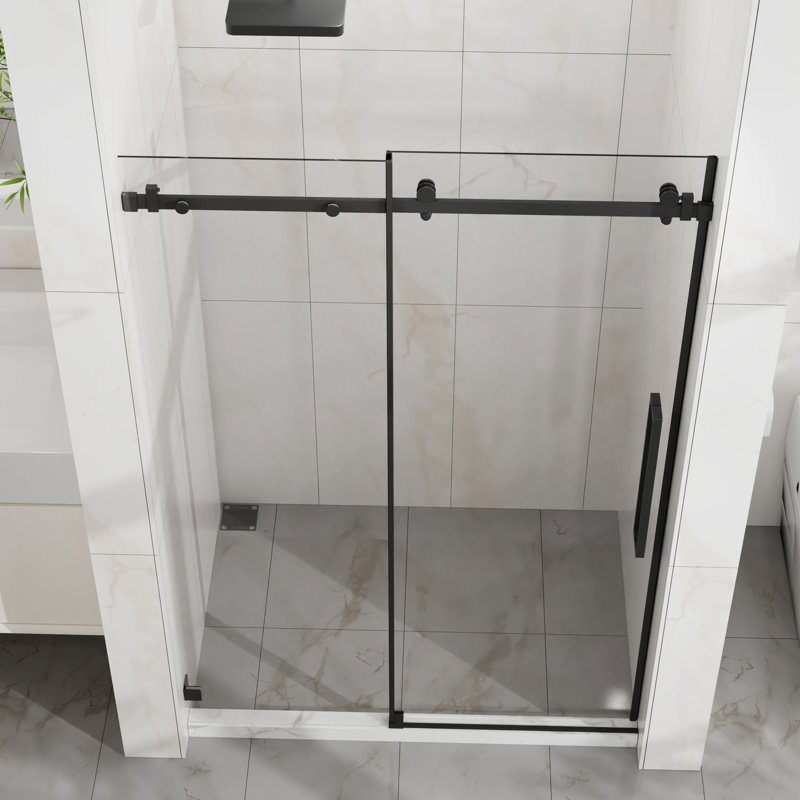 Porte de douche coulissante réglable de 44 à 48 po de largeur, verre trempé transparent de 6 mm, joint étanche, porte de salle de bain moderne avec roulettes en acier inoxydable de 1/4 po (6 mm), finition noir mat, facile