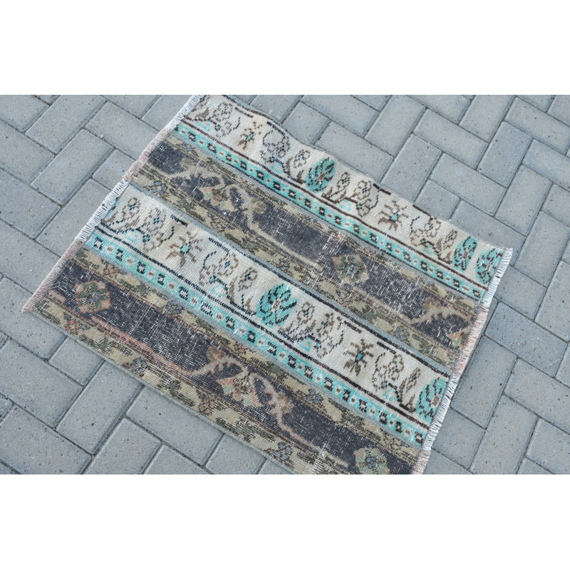 Small Green Turkish Vintage Rug Perfect as Organic Door Mat or Bedroom Carpet