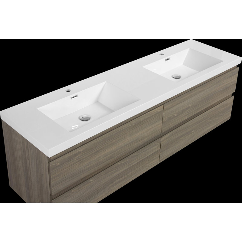 Meuble-lavabo mural avec deux lavabos en résine et quatre tiroirs à fermeture en douceur, Gris