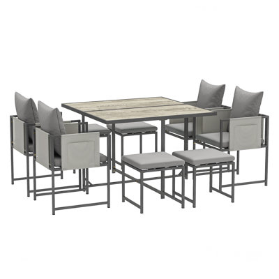 9 Piece Grey Garden Dining Set, Square Wood Effect Table with 4 Cube Chairs and 4 Footstools, Steel Frame Outdoor Patio Furniture