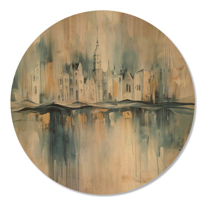 Ville du Canal Brumeux - Tableau mural rond en bois représentant un paysage urbain bleu