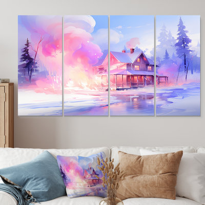 Pink And Purple Winter Cottage - Winter Landscape 4 Piece Wall Art Set