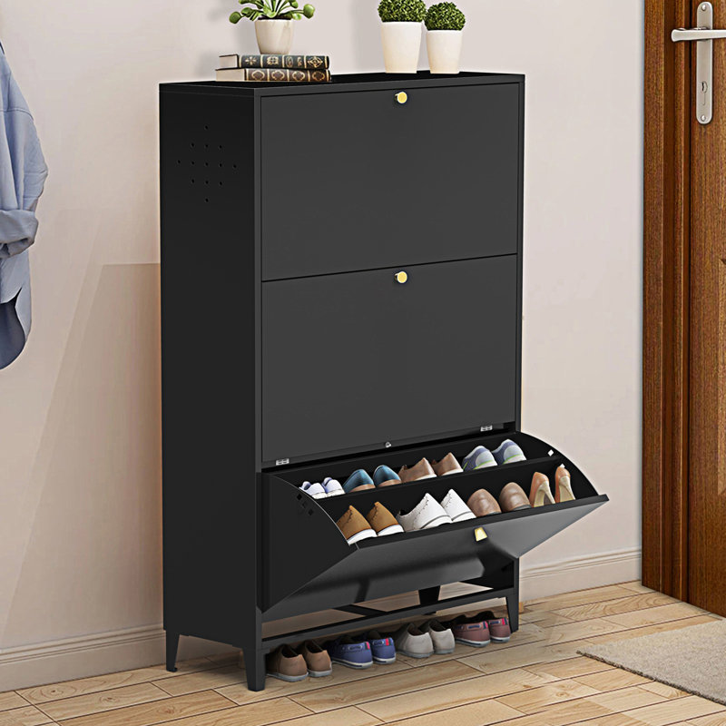 3 Drawer All Steel Shoe Cabinet, Black