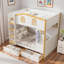 Lit superposé avec garde-corps en forme de maison, tablettes de rangement et tiroirs-557149898