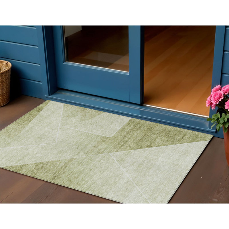 3' X 5' Sage And Artichoke Green Abstract Washable Indoor Outdoor Area Rug
