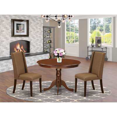 3 Piece Dining Room Furniture Set Contains a Round Dining Table with Pedestal and 2 Brown Linen Fabric Parsons Chairs, Mahogany