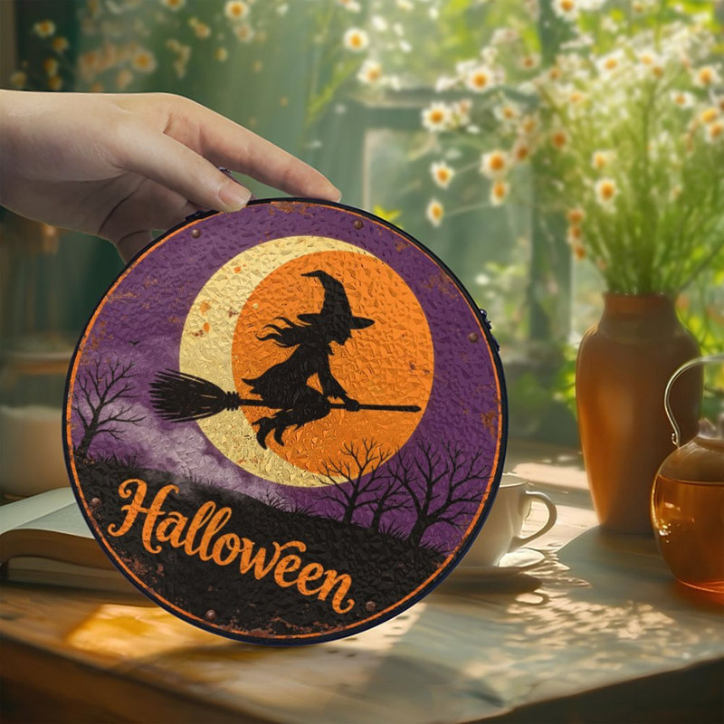 Witch Moon Broom Round Decor Vitrail pour fenêtre, 9,8 x 9,8 po (25 x 25 cm)