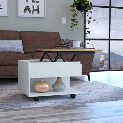 Table basse à plateau relevable, roulettes, une tablette