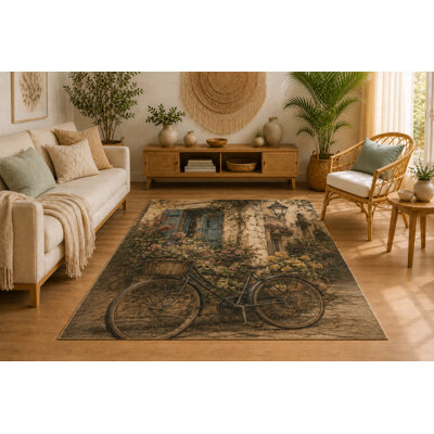 "Ultra Lightweight" 5'x7' Vintage Bicycle Cottage Area Rug for Living Room, Soft Low Pile Indoor Rug with Non-Slip Silicone Backing, Decorative Carpet for Bedroom, Office, Brown