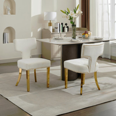 Ensemble de 2 chaises de salle à manger de style Mid-Century moderne, dossier courbé recouvert de tissu de chenille de ferme avec des clous en cuivre, chaises de cuisine avec pieds en acier inoxydable