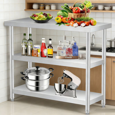 Stainless Steel Table,3-Tier Metal Prep Table with Undershelf & Gloves, Commercial Kitchen Utility Workstation for Restaurant, Hotel, Laundry, Garage, Indoor, Outdoor, BBQ