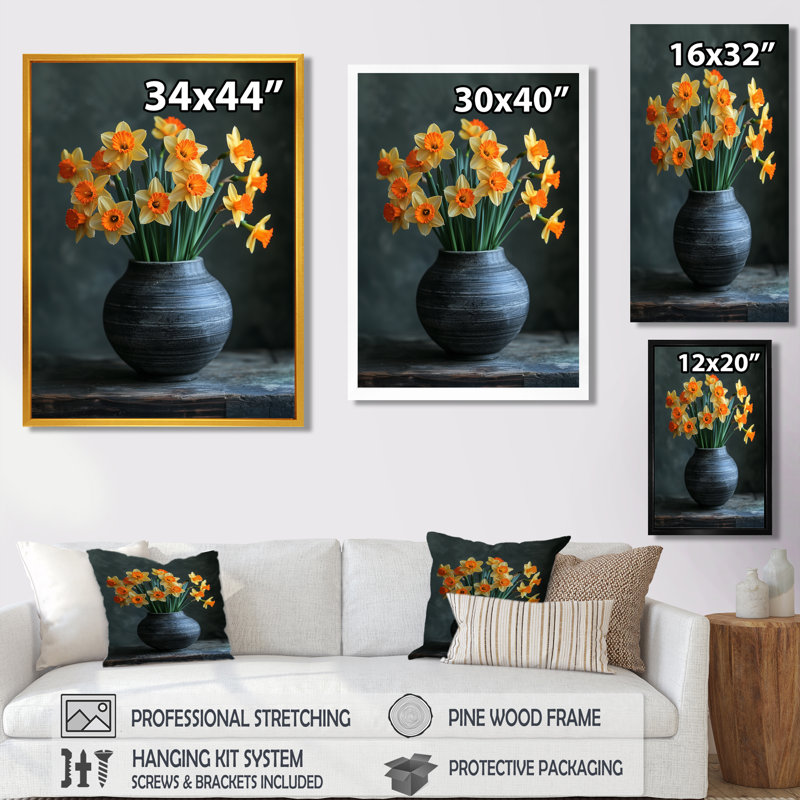 Monochromes jaunes et oranges en pot gris I - jonquilles, H 30 po x l 40 po, Encadrement argenté