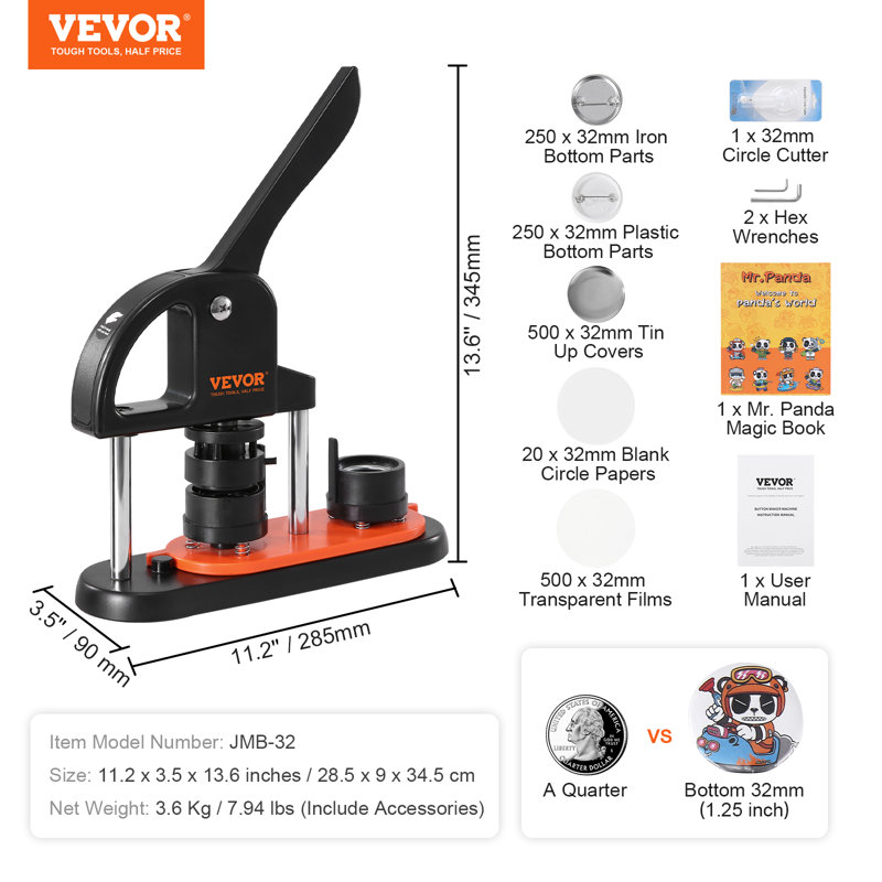 VEVOR Button Maker Machine Pin Badge Maker 1.25" 500 Button Parts and Circle Cutter