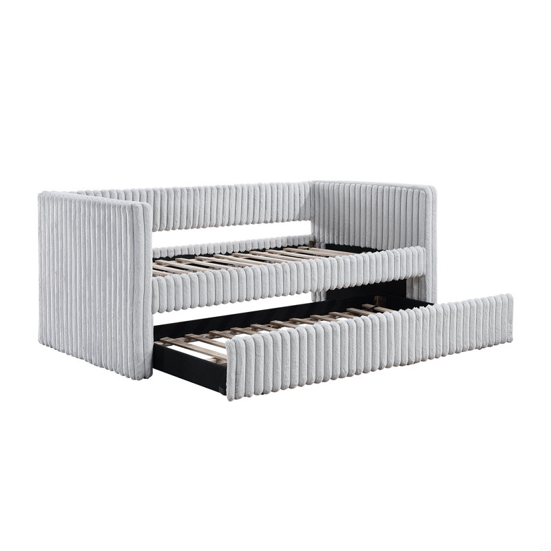 1Pc Daybed With Trundle Corduroy Fabric Upholstery, Gray