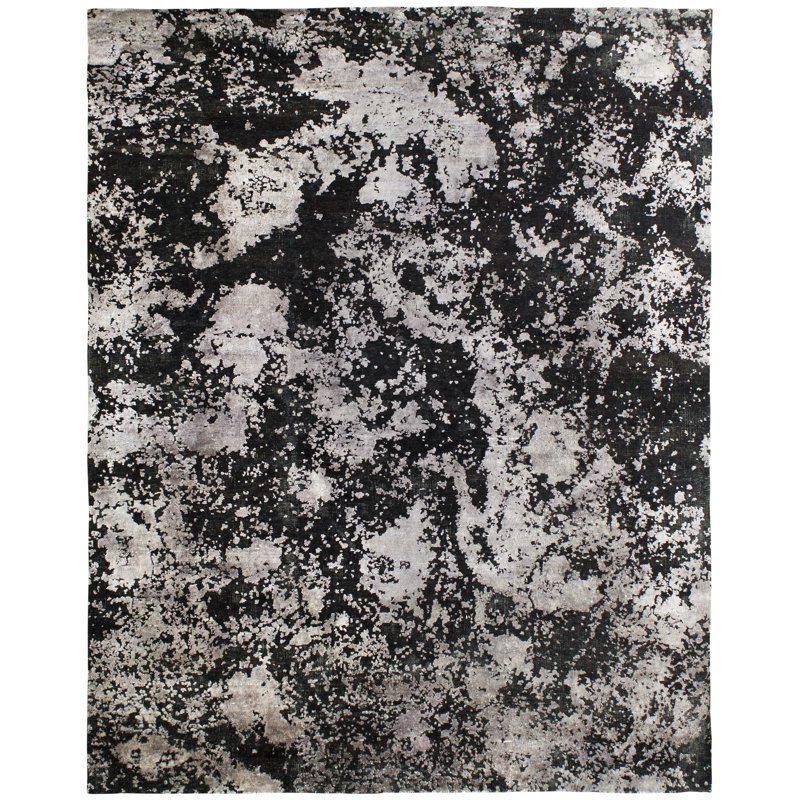 Odyssey Post Modern Organic Abstract Black Silver Hand-Knotted Wool/Silk Luxury Area Rug / Rug, Rectangle 10' x 14'