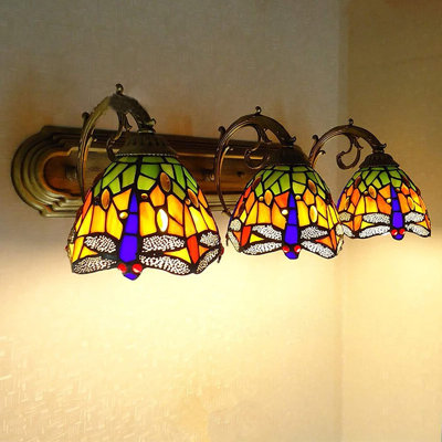 Trois appliques de libellule, appliques de style antique à DEL E27, luminaire en verre coloré