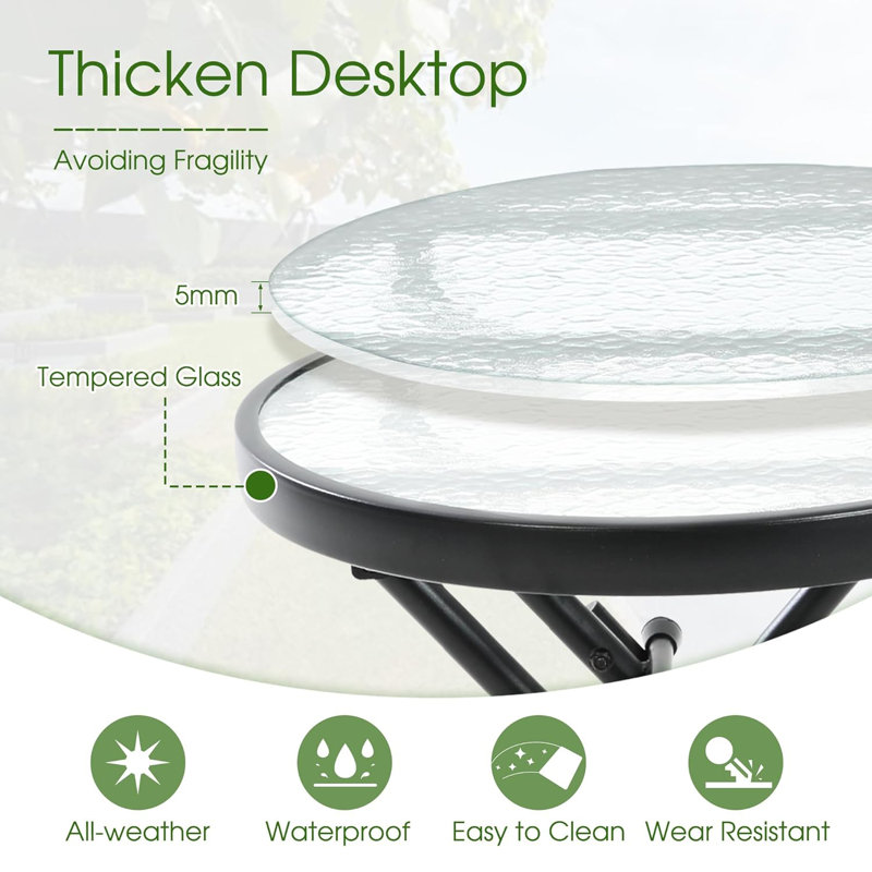 Folding Patio Side Table with Tempered Glass Tabletop