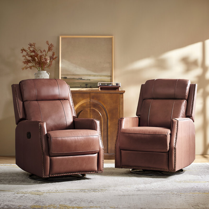 Hugh Genuine Leather Manual Swivel Recliner Set Of 2, Brown