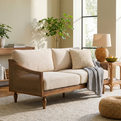 Elara Mid-Century Modern Rubberwood Loveseat Sofa with PE Rattan Armrests