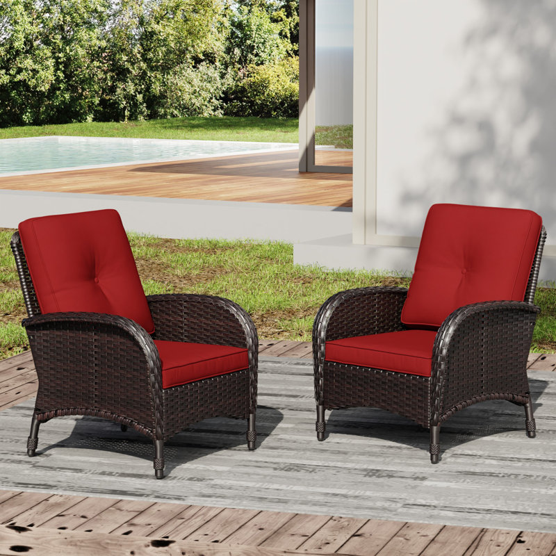 Chaises de patio d'extérieur en osier toutes saisons avec coussins rouges de 4 po (ensemble de 2), Rouge, 1