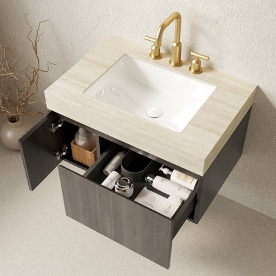 30" Bathroom Vanity And Sink, Floating Plywood Storage Cabinet With Drawer Door, Sintered Stone Top, Ceramic Basin 3 Pre - Drilled Faucet Holes, Assembled, Hue Sink , Pattern Counter, Appearance