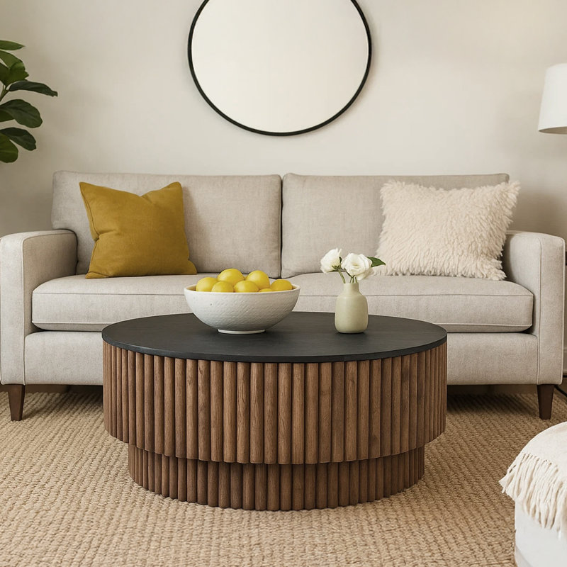 Table basse ronde de 34 po Montoya, plateau noir avec base plissée en bois de manguier brun