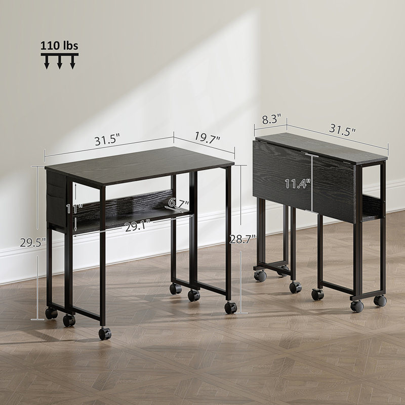 Bureau pliable avec sac de rangement, tablette et roulettes, table d'écriture, Black