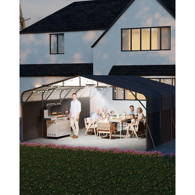 20x20FT Heavy Duty Metal Carport,Outdoor Portable Car Garage w/Led Light,Removable PE Sidewalls(Black+White),Reinforced Base & Galvanized Steel Roof, Outdoor Car Port Canopy Shelter for Boats,Trucks
