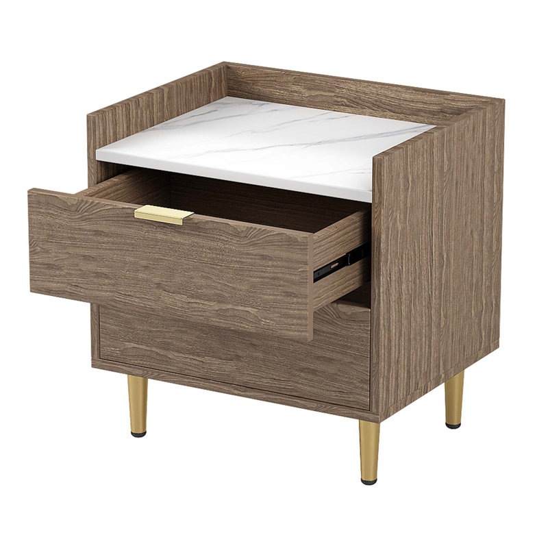 Ensemble de chambre à coucher 3 pièces avec lit plateforme tapissier grand capitonné avec veilleuses activées par le mouvement et chargeur USB, table de chevet et commode de rangement moderne, naturel