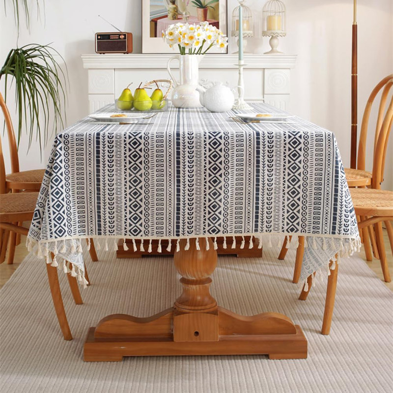 White Blue Boho Cotton Linen Table Clothes with Tassels for Rectangle Tables