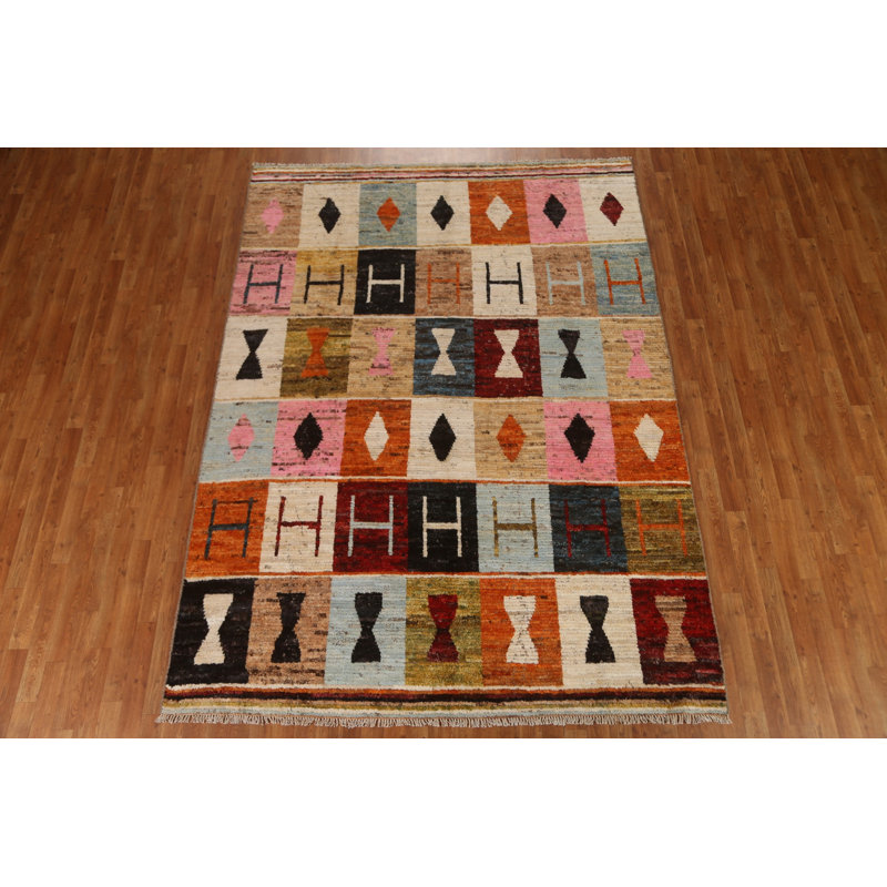 Tapis brun en laine noué à la main de conception unique 7 pi x 9 pi 7 po New Age