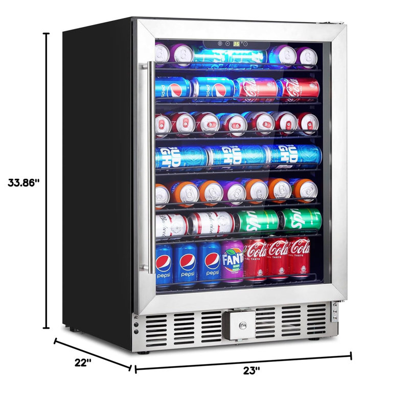 24-inch Beverage Refrigerator, 166-Can Built-in or Freestanding Cooler with Glass Door, Digital Temperature Control 36°-60°F for Kitchen, Bar, or Office