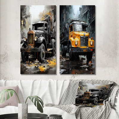 Old Black Garbage Truck - Truck Metal Prints Set Of 3