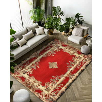 Susan Red Oriental Machine Printed Cotton Polyester Area Rug