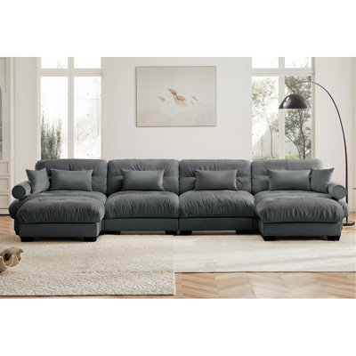 Over Size Modern Two-Seater Sofa With Ottoman, Velvet 2-Seater With Round Bolster Armrests,With Waist Pillow And Throw Pillows, Reading Room , Loft And Bedroom,Camel
