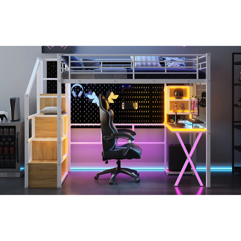 Lit en métal blanc avec bureau, garde-robe, escalier et panier à DEL blanc