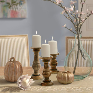 DecMode Traditional Wood Candle Holder, Set of 3 24, 21, 17H