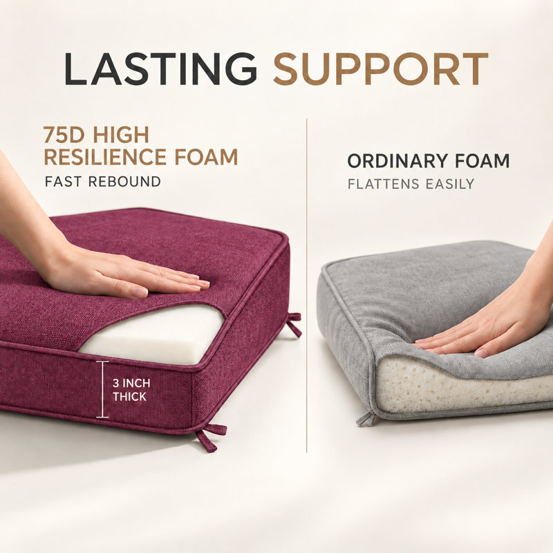 Coussin de banc sur mesure 3 pouces de hauteur avec passepoil double et 2 attaches pour sièges, 20 x 78 pouces, Rouge merlot