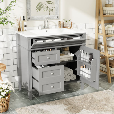 Meuble-lavabo de salle de bain avec lavabo, meuble de rangement pour salle de bain avec tiroir basculant, lavabo simple