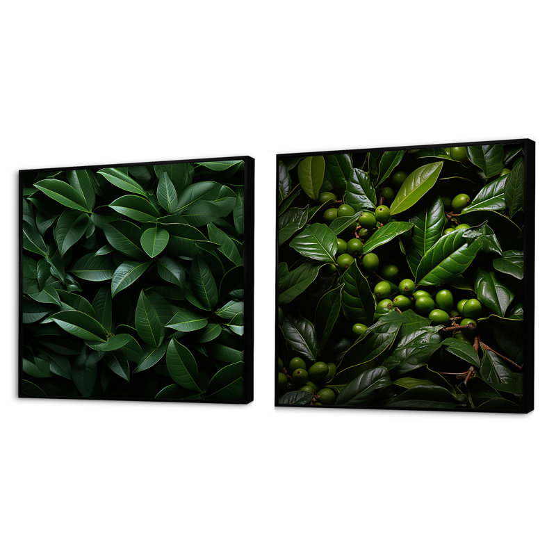 Tropical Robusta Palm Rhythms - Ensemble de 2 collages floraux carrés, Cadre flottant noir, H 30 po x l 61 po