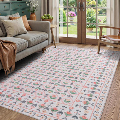 Meadow Bloom Traditional Floral Washable Living Room Area Rug