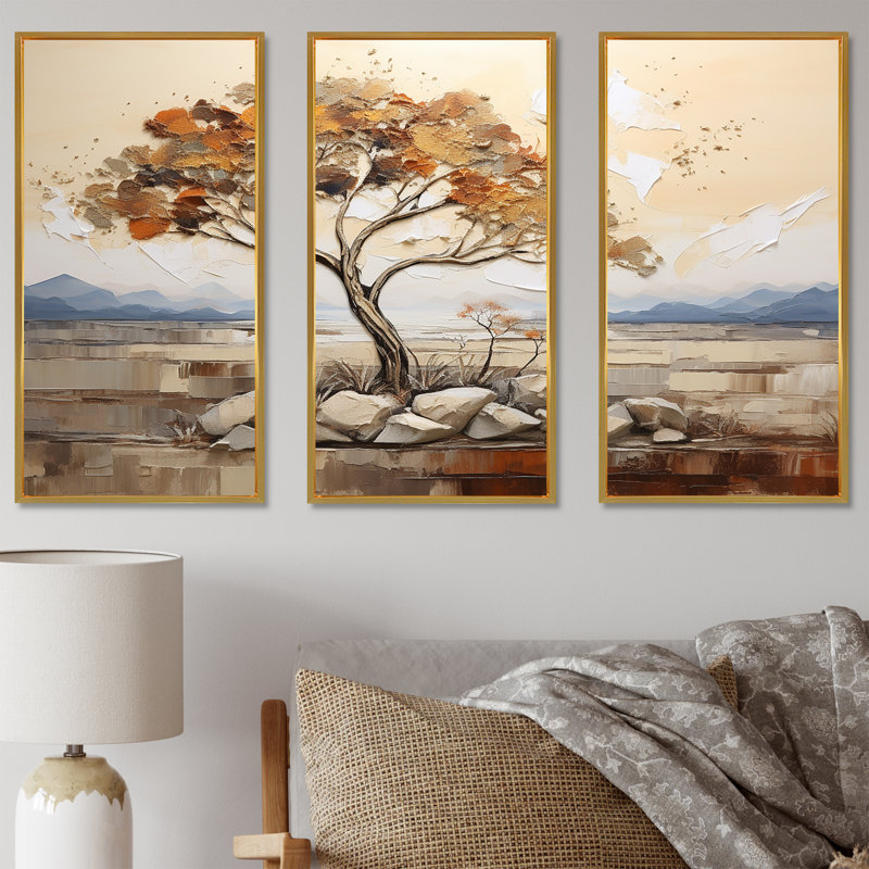 Arbre africain, esprit de la nature 2 - Art mural africain, Cadre flottant doré, H 32 po x l 48 po x P 1 po