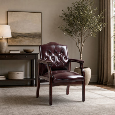Leather Mid-Back Guest Chair with Padded Arms for Office Reception, Burgundy