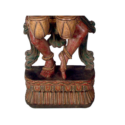 Wooden Lady Drummer of Lord Indra's Court Statue, 36.5 in. Hand-Carved South Indian Temple Decor for Foyer & Living Room