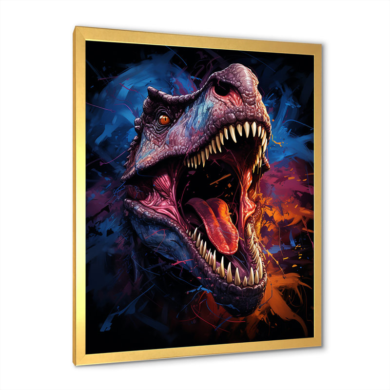 «Colorful Roaring Trex Dinosaur IV» - art mural dinosaure, H 32 po x l 16 po x P 1 po, Cadre doré simple