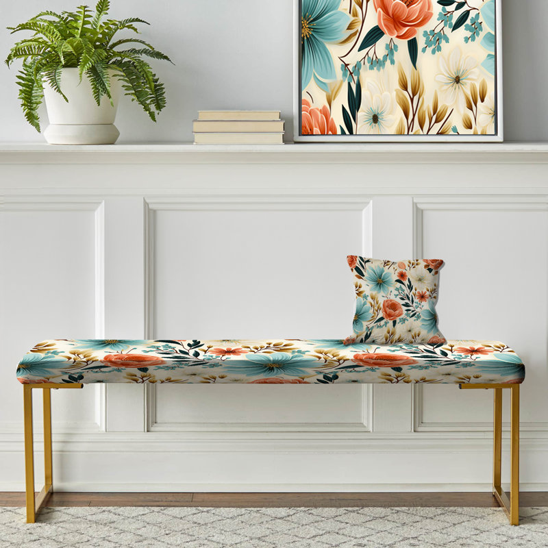 Floral Upholstered Gold Bench, Blue And Coral Playful Flower Enchantment