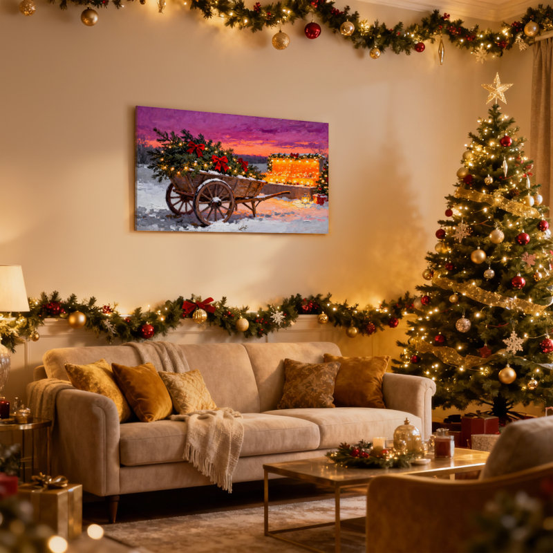 Ensemble de 3 impressions sur toile de Noël avec wagon de Noël avec lumières et neige, H 20 po x l 30 po