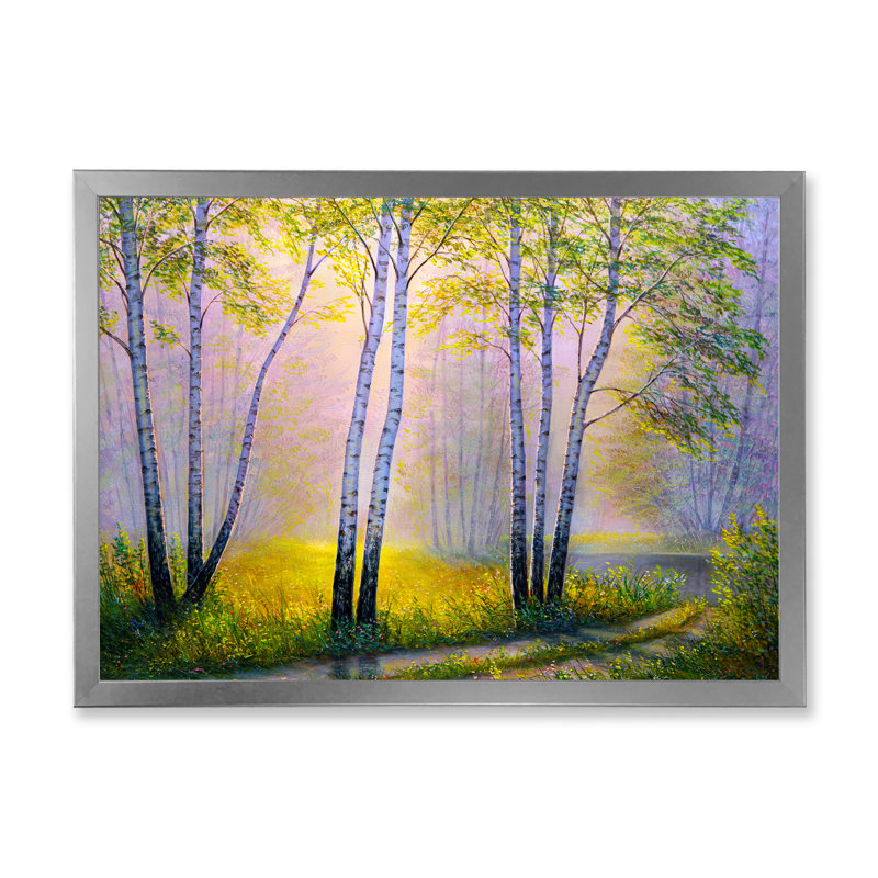 «Morning Sunlight Through The Birches I», reproduction d'art murale traditionnelle, H 30 po x l 40 po x 1,5 po, Cadre argenté