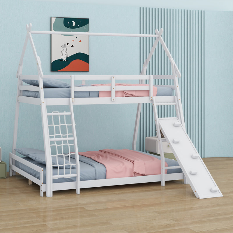 House Bunk Bed With Climbing Nets And Climbing Ramp, White