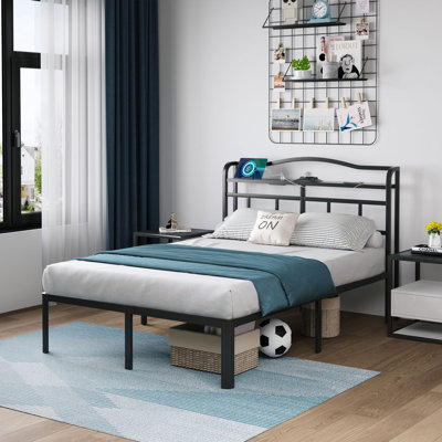 Metal Bed Frame 14 Inch With Headboard & Charging Station Galaxy Aurora Projector by Ebern Designs